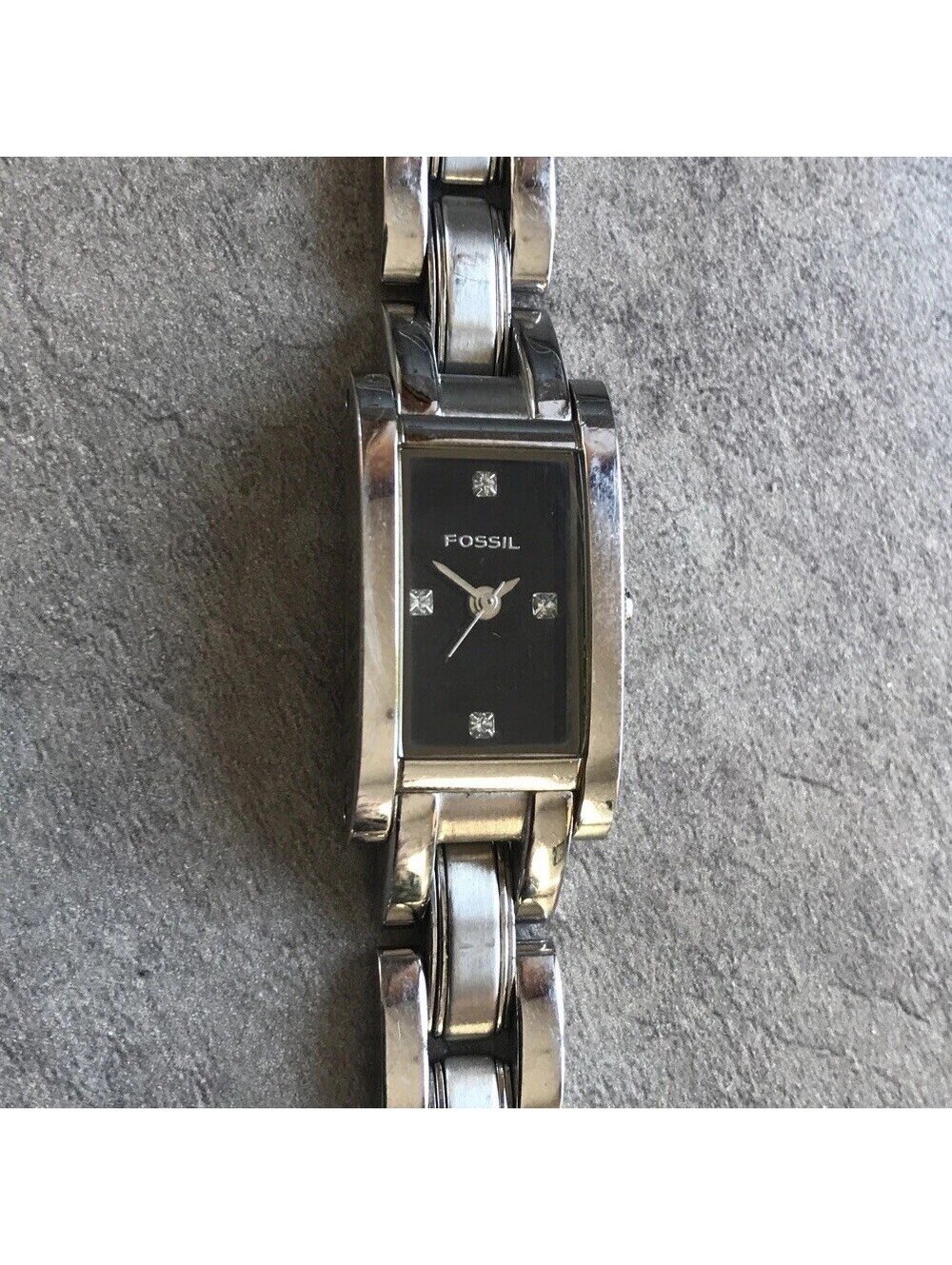 FOSSIL ES9716 WOMAN’S STAINLESS BLACK DIAL CRYSTAL ACCENT WATCH/New Battery B-K